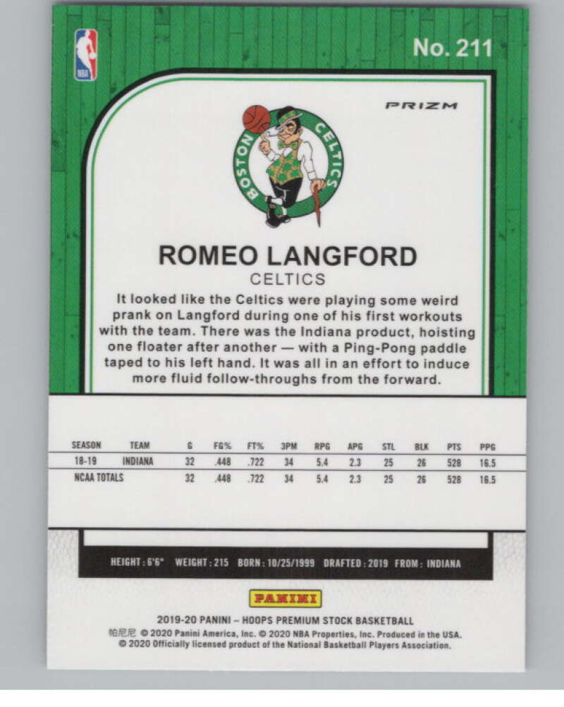 2019-20  Hoops Premium Stock  Silver Laser Prizm #211 Romeo Langford  V103003 Image 2
