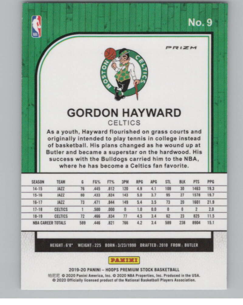2019-20  Hoops Premium Stock  Green Prizm #9 Gordon Hayward  V103013 Image 2