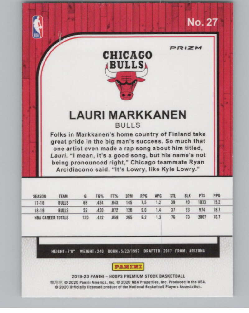 2019-20  Hoops Premium Stock  Green Prizm #27 Lauri Markkanen  V103015 Image 2