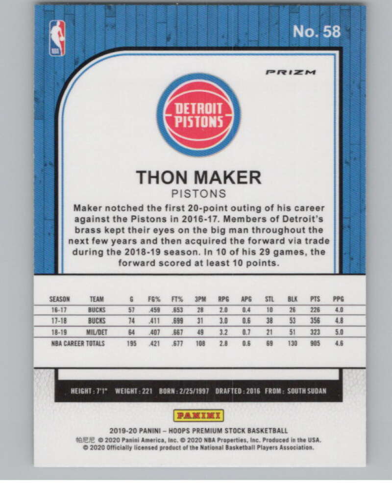 2019-20  Hoops Premium Stock  Green Prizm #58 Thon Maker  V103016 Image 2
