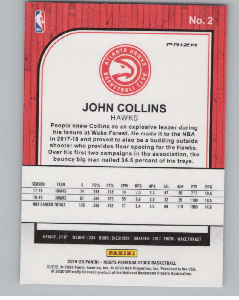 2019-20  Hoops Premium Stock  Blue Cracked Ice Prizm #2 John Collins  V103025 Image 2