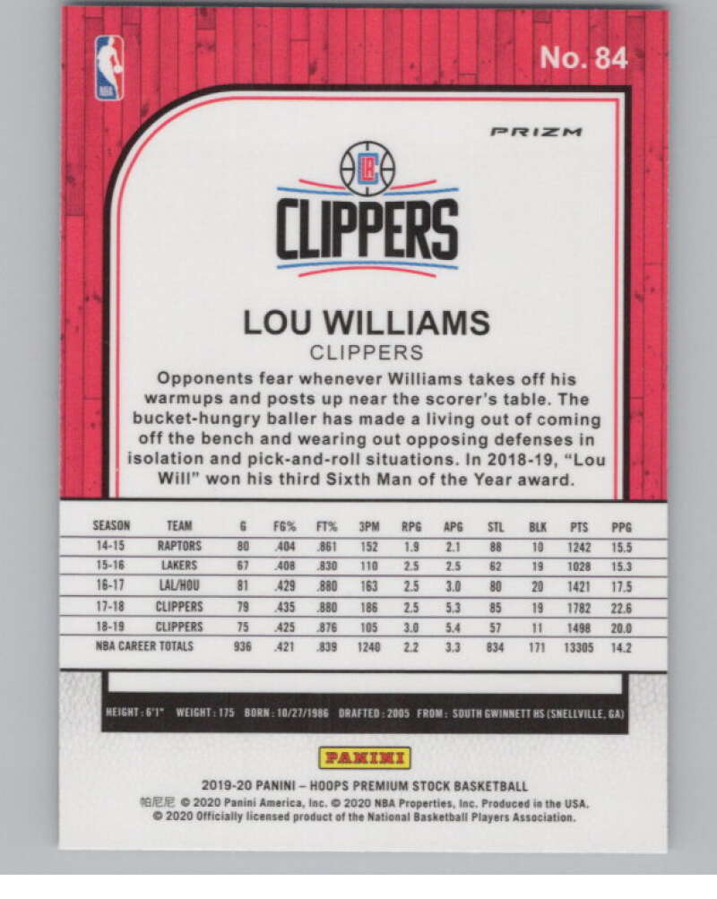 2019-20  Hoops Premium Stock  Blue Cracked Ice Prizm #84 Lou Williams  V103027 Image 2