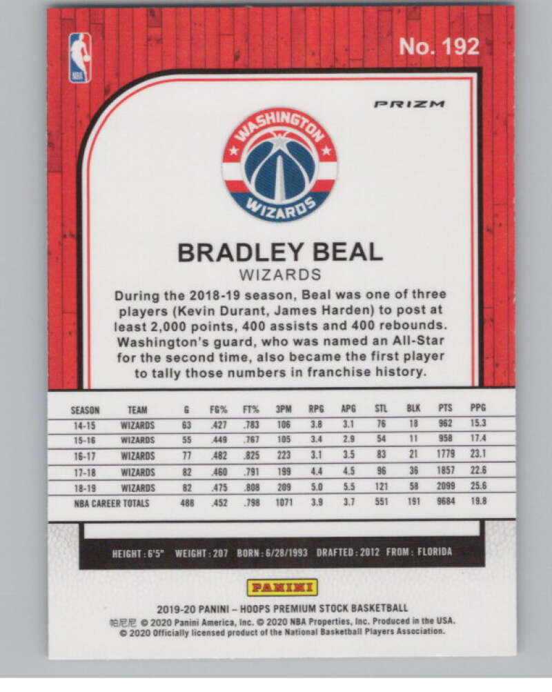 2019-20  Hoops Premium Stock  Blue Cracked Ice Prizm #192 Bradley Beal  V103034 Image 2