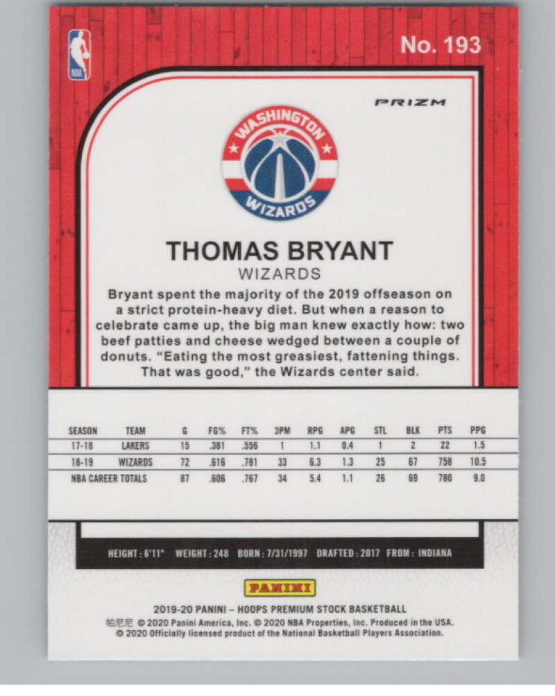 2019-20  Hoops Premium Stock  Blue Cracked Ice Prizm #193 Thomas Bryant  V103035 Image 2
