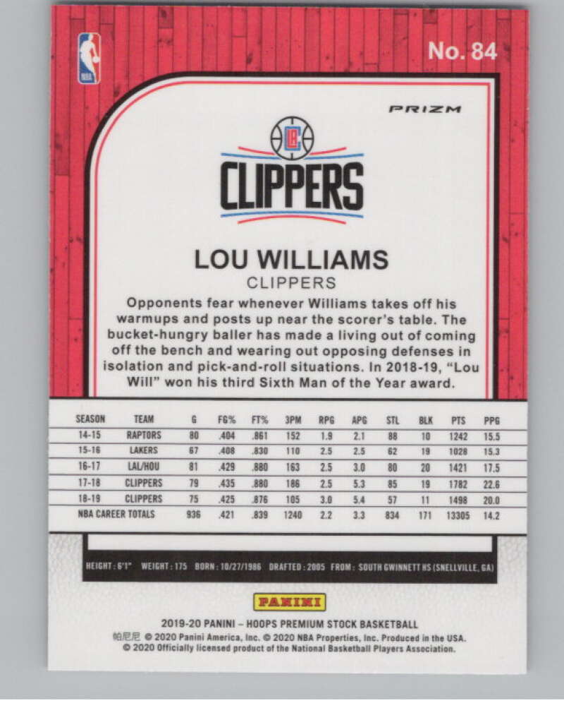 2019-20  Hoops Premium Stock  Purple Disco Prizm #84 Lou Williams  V103040 Image 2
