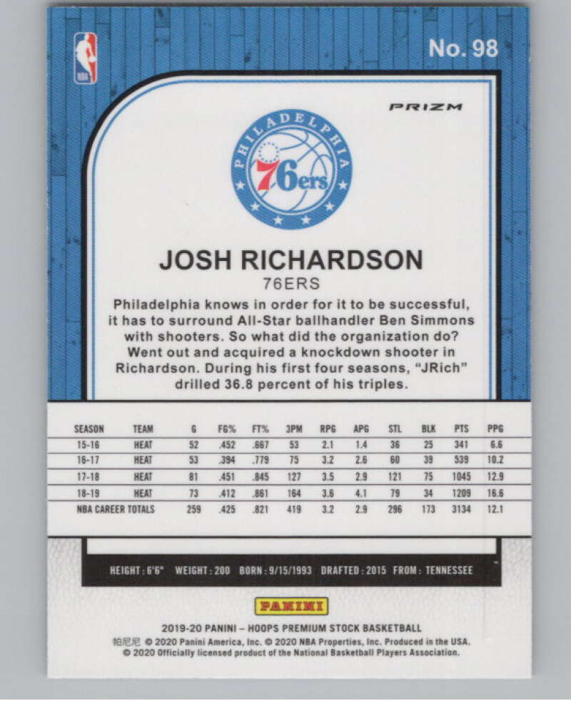2019-20  Hoops Premium Stock  Purple Disco Prizm #98 Josh Richardson  V103041 Image 2