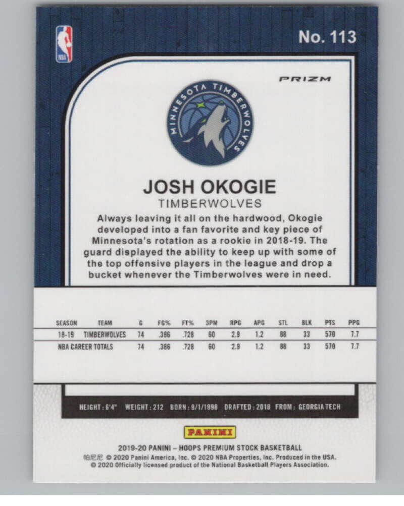 2019-20  Hoops Premium Stock  Purple Disco Prizm #113 Josh Okogie  V103042 Image 2