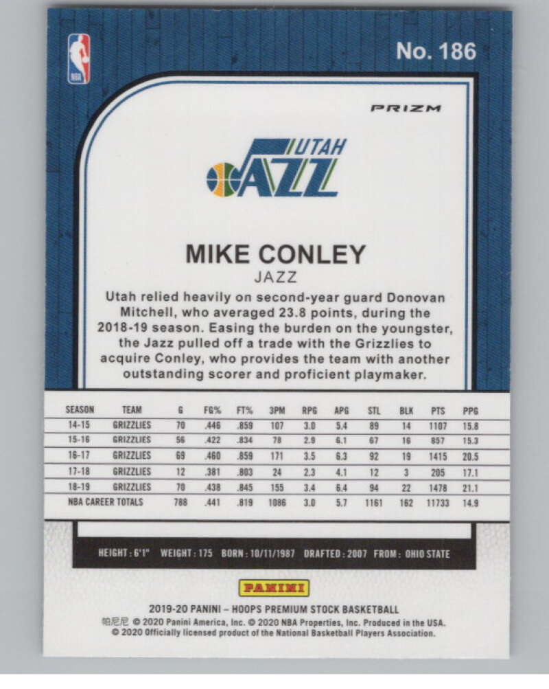 2019-20  Hoops Premium Stock  Purple Disco Prizm #186 Mike Conley  V103054 Image 2