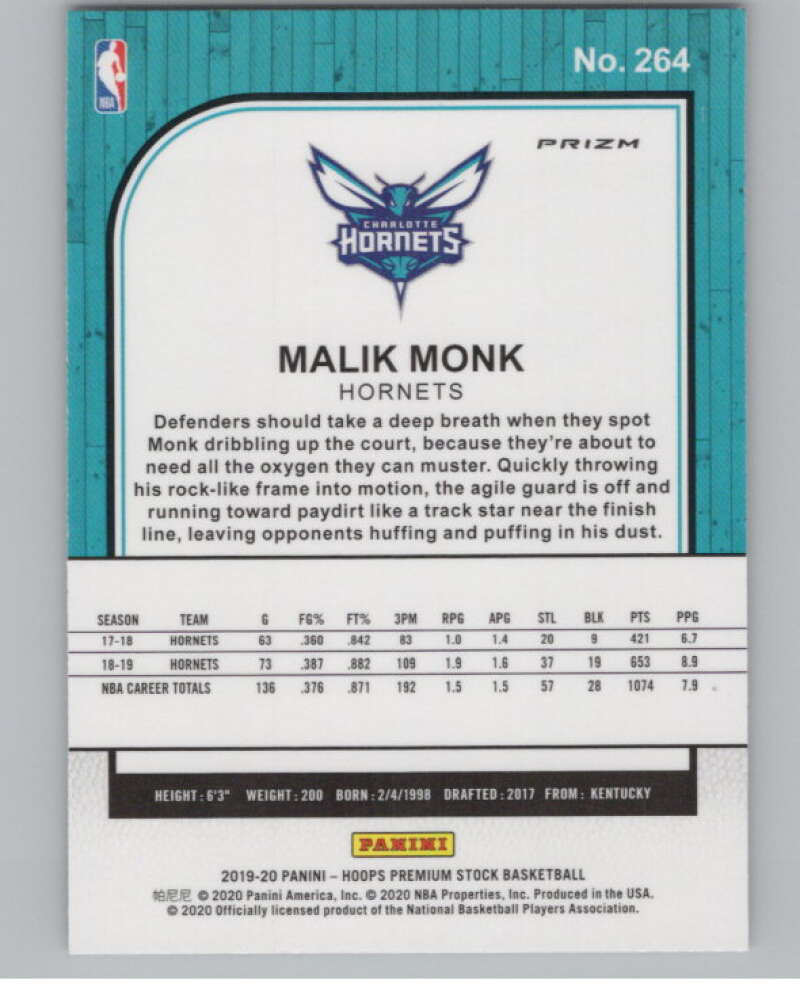 2019-20  Hoops Premium Stock  Purple Disco Prizm #264 Malik Monk  V103057 Image 2