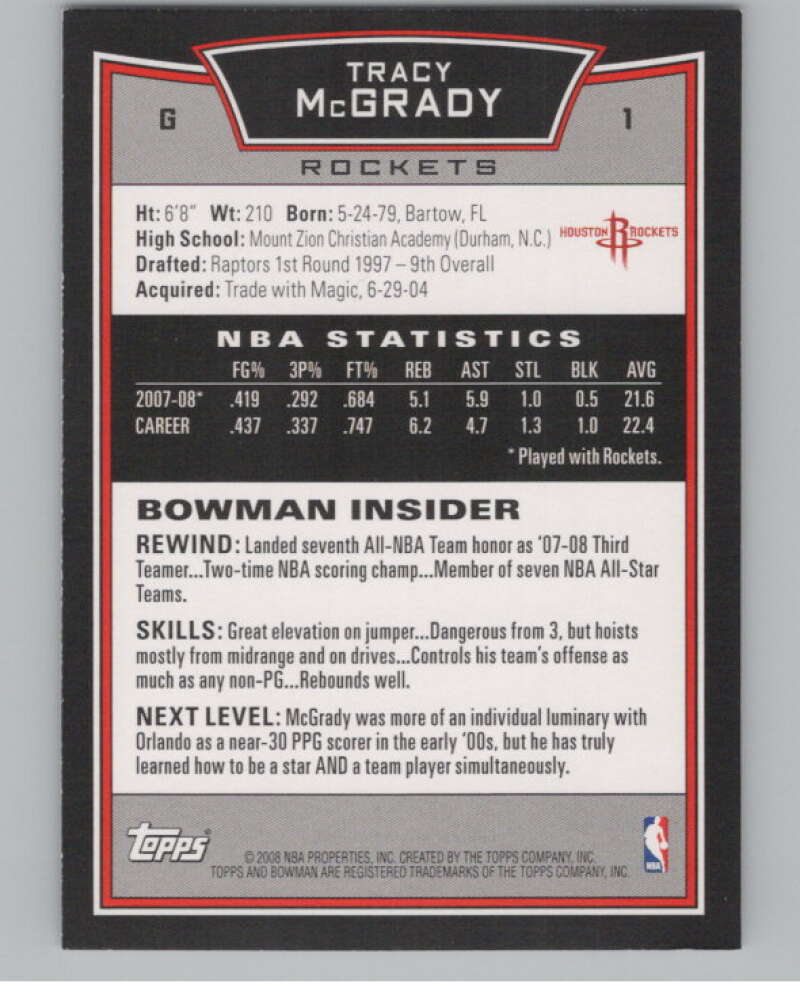 2008-09 Bowman #1 Tracy McGrady  Houston Rockets  V103061 Image 2