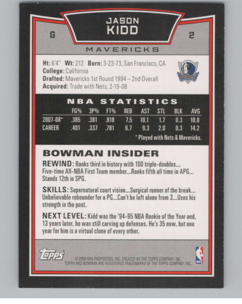 2008-09 Bowman #2 Jason Kidd  Dallas Mavericks  V103062 Image 2