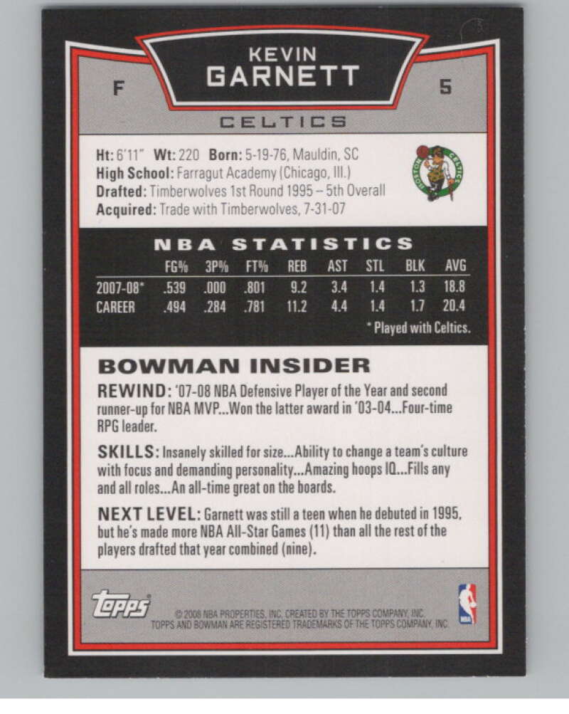2008-09 Bowman #5 Kevin Garnett  Boston Celtics  V103063 Image 2