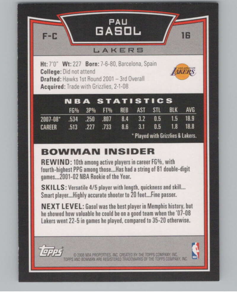 2008-09 Bowman #16 Pau Gasol  Los Angeles Lakers  V103064 Image 2