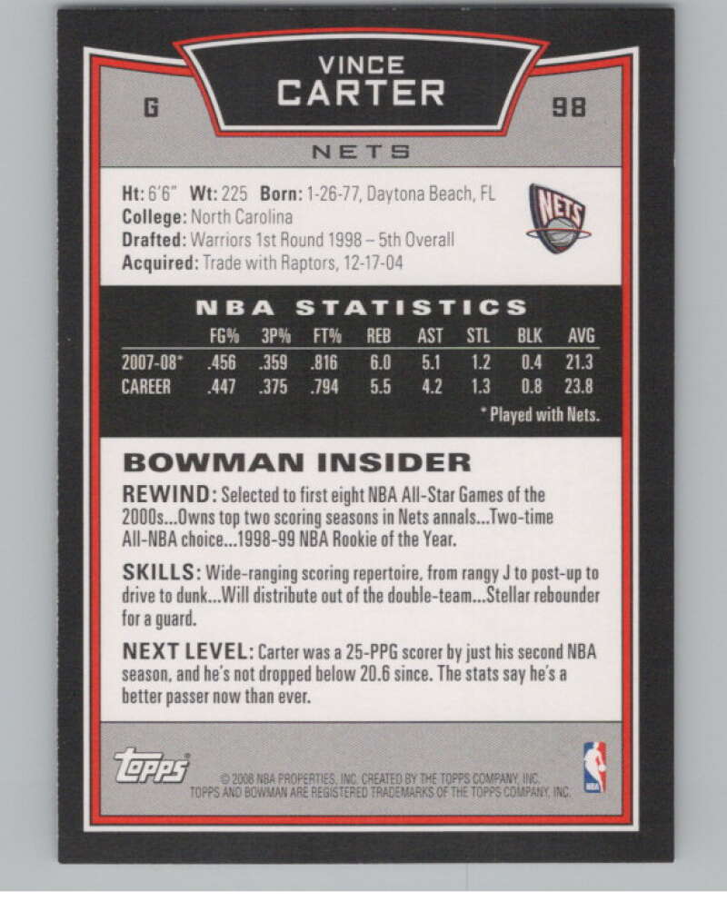 2008-09 Bowman #98 Vince Carter  New Jersey Nets  V103067 Image 2