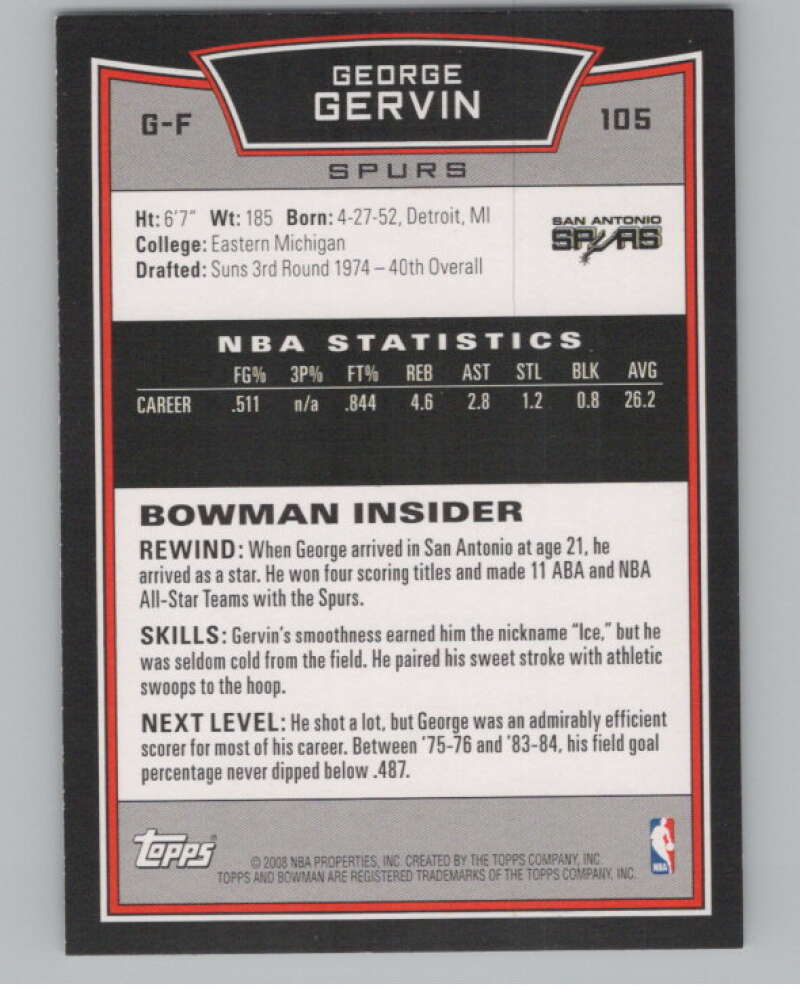 2008-09 Bowman #105 George Gervin  San Antonio Spurs  V103068 Image 2
