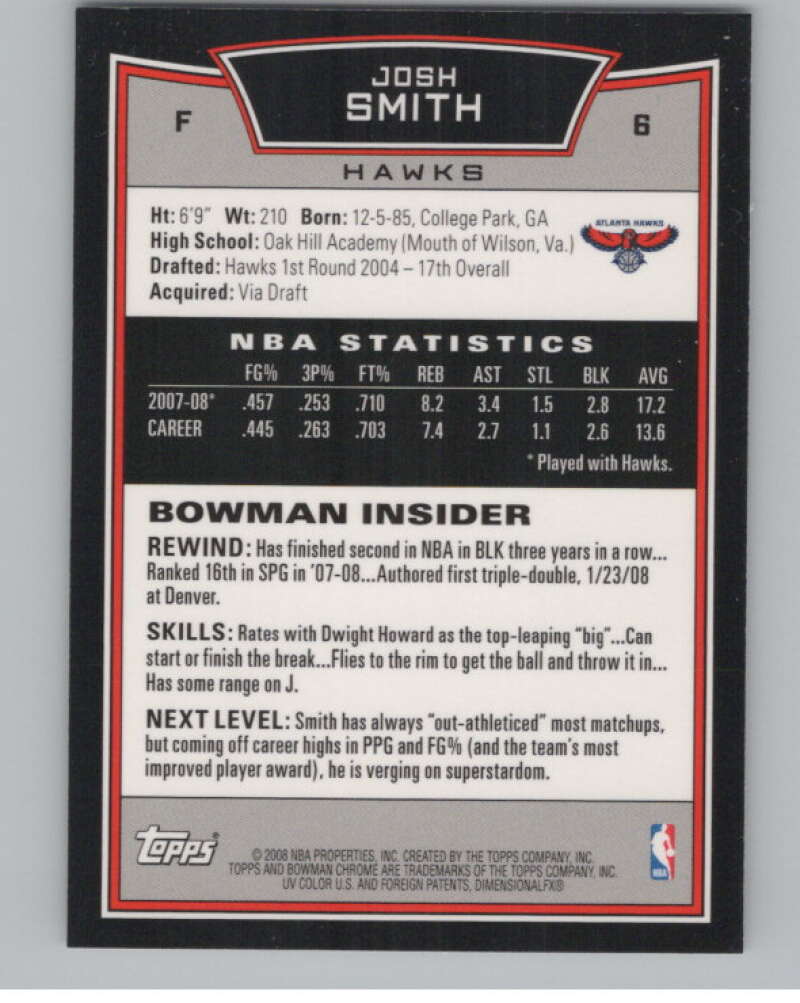 2008-09 Bowman Chrome #6 Josh Smith  Atlanta Hawks  V103069 Image 2