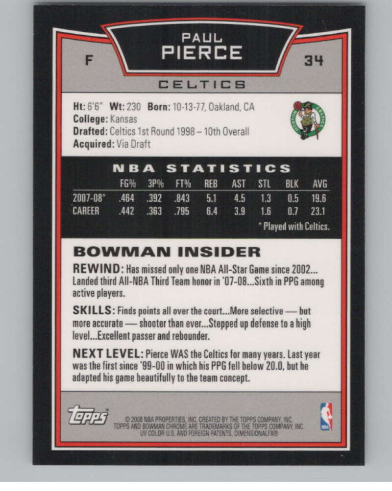 2008-09 Bowman Chrome #34 Paul Pierce  Boston Celtics  V103071 Image 2