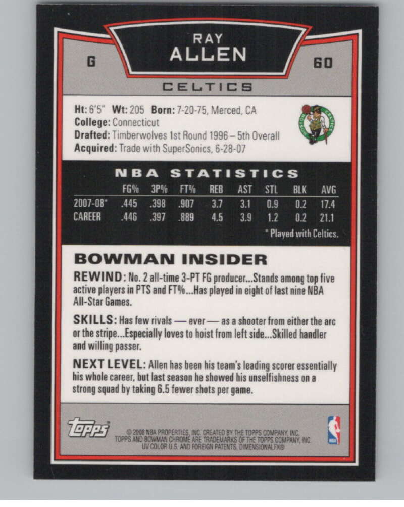 2008-09 Bowman Chrome #60 Ray Allen  Boston Celtics  V103072 Image 2