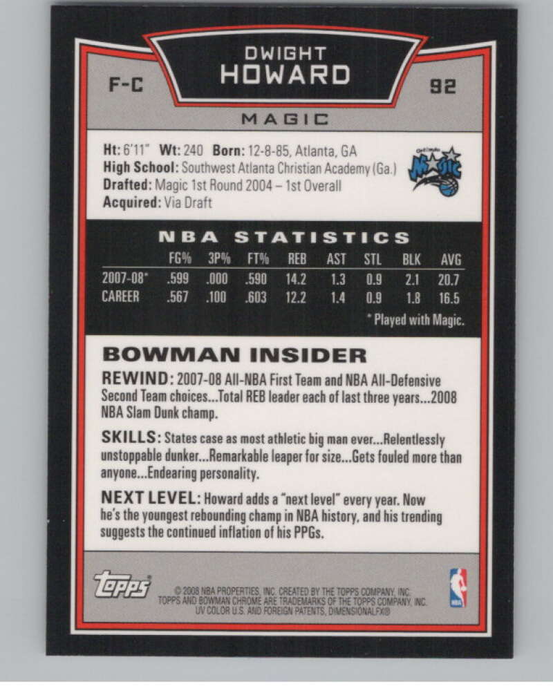 2008-09 Bowman Chrome #92 Dwight Howard  Orlando Magic  V103073 Image 2