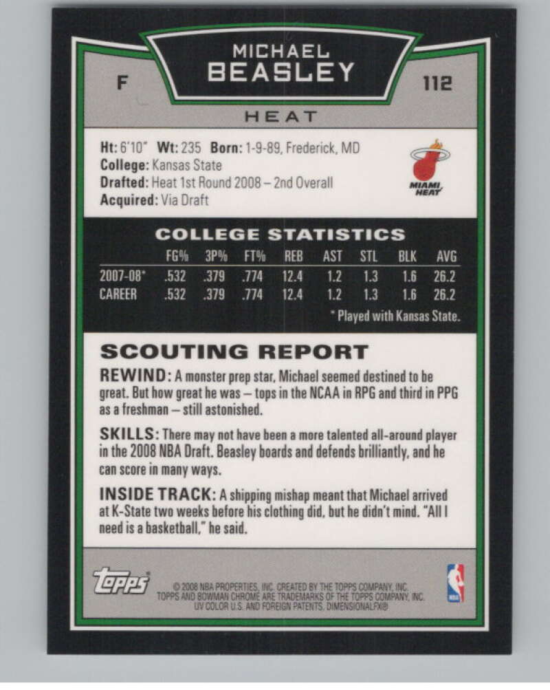 2008-09 Bowman Chrome #112 Michael Beasley  RC Rookie  V103076 Image 2