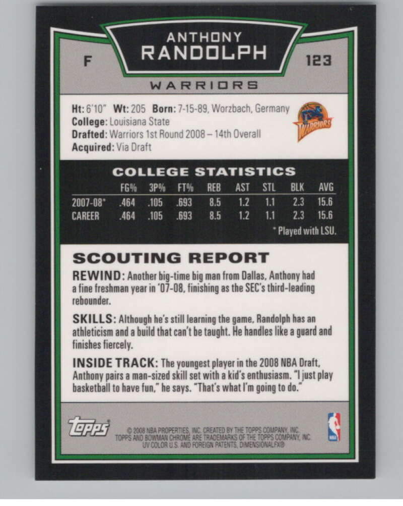 2008-09 Bowman Chrome #123 Anthony Randolph  RC Rookie  V103077 Image 2
