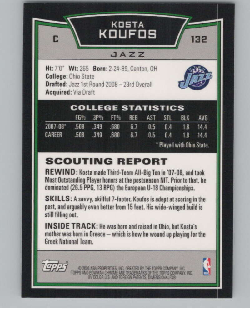 2008-09 Bowman Chrome #132 Kosta Koufos  RC Rookie  V103079 Image 2