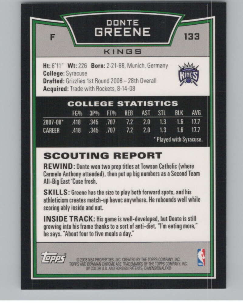 2008-09 Bowman Chrome #133 Donte Greene  RC Rookie  V103080 Image 2