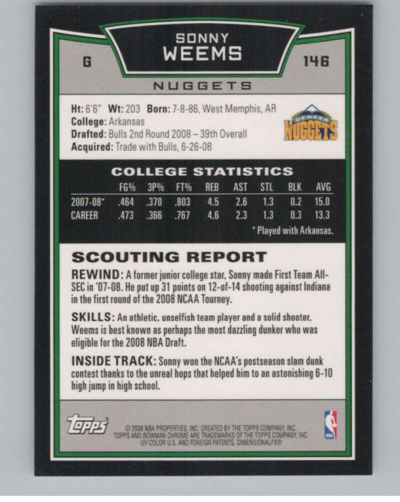2008-09 Bowman Chrome #146 Sonny Weems  RC Rookie  V103082 Image 2