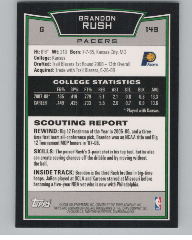 2008-09 Bowman Chrome #149 Brandon Rush  RC Rookie  V103083 Image 2