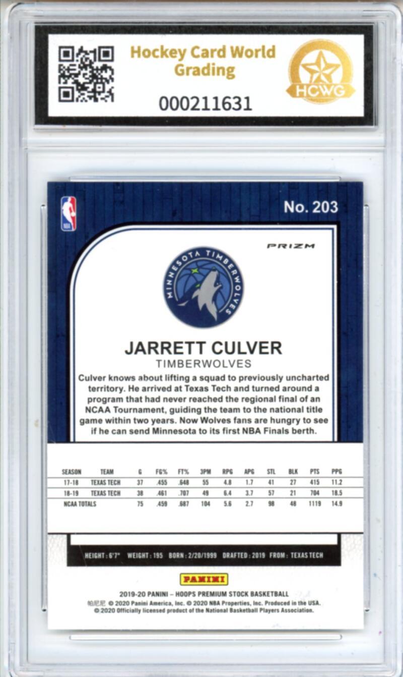 2019-20 Hoops Premium Purple Disco #203 Jarrett Culver RC Rookie Graded HCWG 9 Image 2