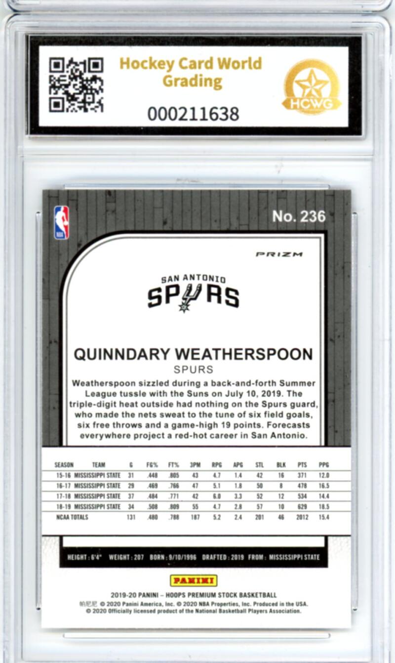 2019-20 Hoops Premium Purple Disco #236 Quinndary Weatherspoon Rookie Graded HCWG 9 Image 2