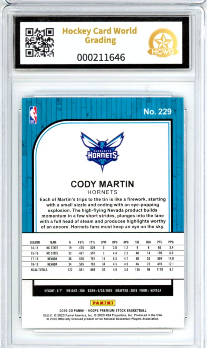 2019-20 Hoops Premium Silver #229 Cody Martin RC Rookie Graded HCWG 9 Image 2