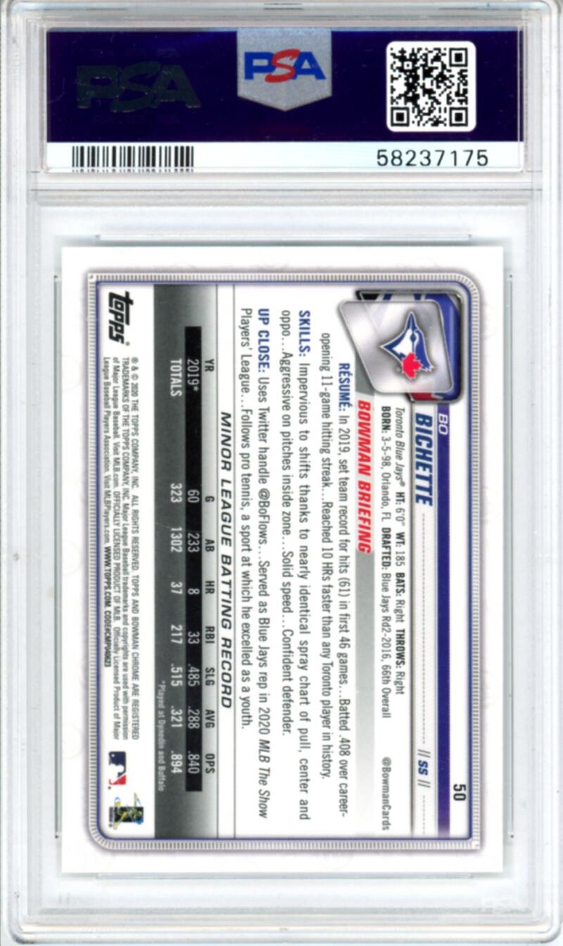 2020 Bowman Chrome #50 Bo Bichette RC Rookie Baseball - PSA 10 Image 2