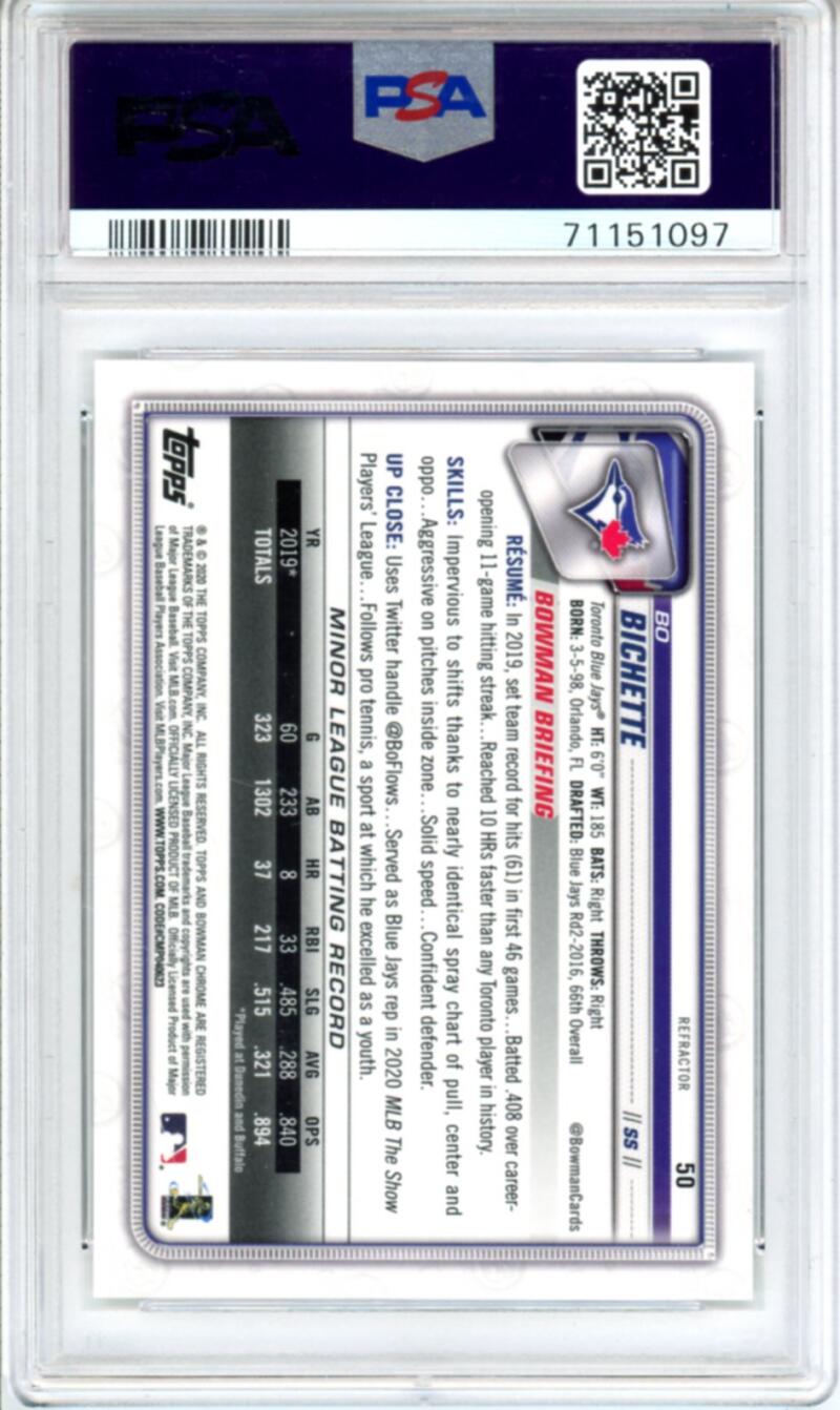 2020 Bowman Chrome Refractor #50 Bo Bichette RC Rookie Baseball - PSA 9 Image 2