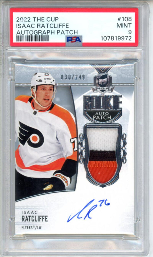 2022-23 The Cup #108 Isaac Ratcliffe Patch Auto Rookie 30/249 RC Hockey PSA 9  Image 1