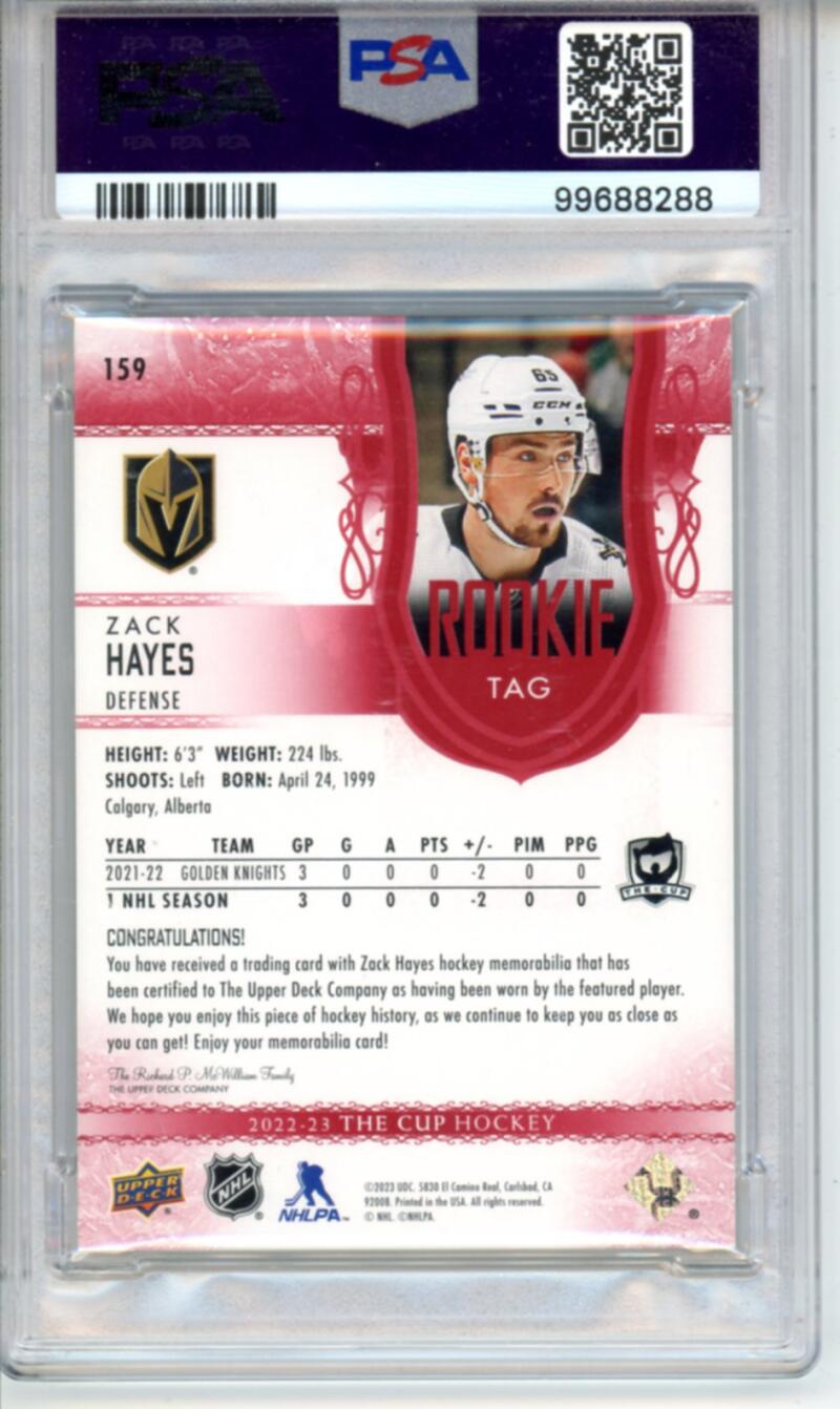 2022-23 The Cup Red Foil Tag #159 Zack Hayes Patch Auto Rookie 1/4 Hockey PSA 9 Image 2