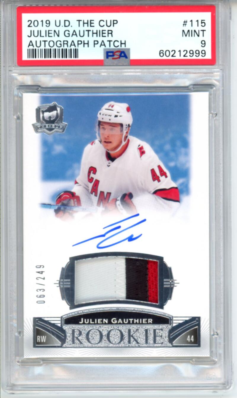 2019-20 The Cup #115 Julien Gauthier Patch Auto Rookie 63/249 RC Hockey PSA 9  Image 1