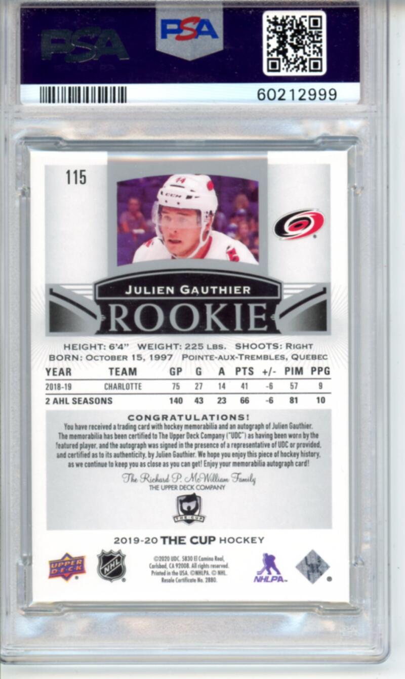 2019-20 The Cup #115 Julien Gauthier Patch Auto Rookie 63/249 RC Hockey PSA 9  Image 2