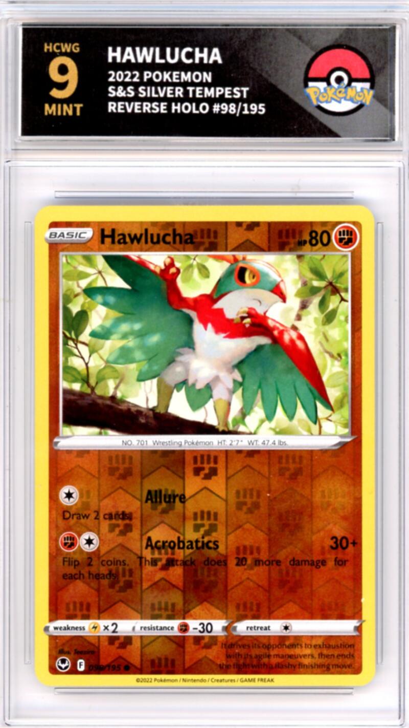 2022 Pokemon Silver Tempest #98/195 Hawlucha Reverse Holo Graded HCWG 9 Image 1