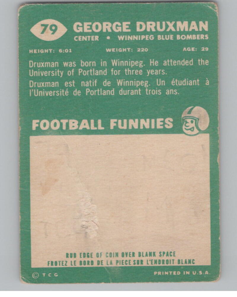 1960 Topps CFL #79 George Druxman Football Trading Card  V103090 Image 2