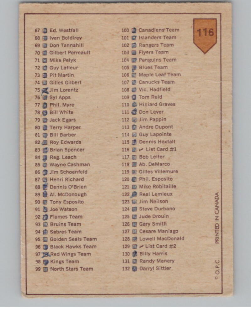 1973-74 O-Pee-Chee #116 Checklist 1 Hockey Trading Card  V103102 Image 2
