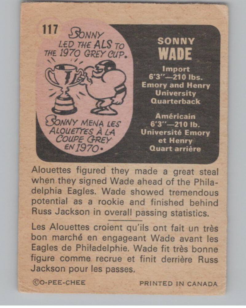 1971 O-Pee-Chee CFL #117 Sonny Wade Football Trading Card  V103111 Image 2