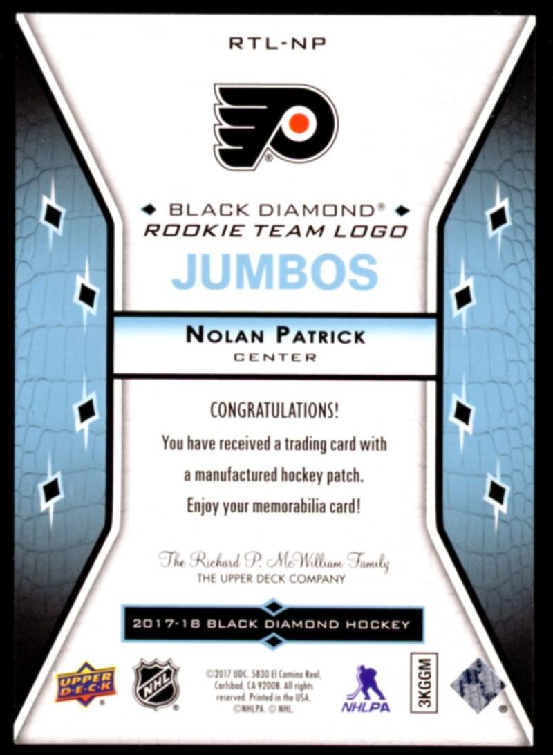 2017-18 Black Diamond Rookie Team Logo Jumbos Nolan Patrick Hockey RC V103114 Image 2