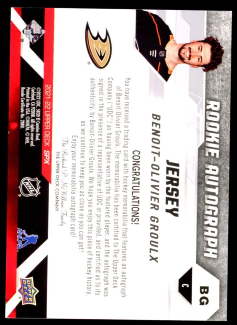 2021-22 SPx Rookie Jersey Autographs /375 #BG Benoit-Olivier Groulx  V103116 Image 2