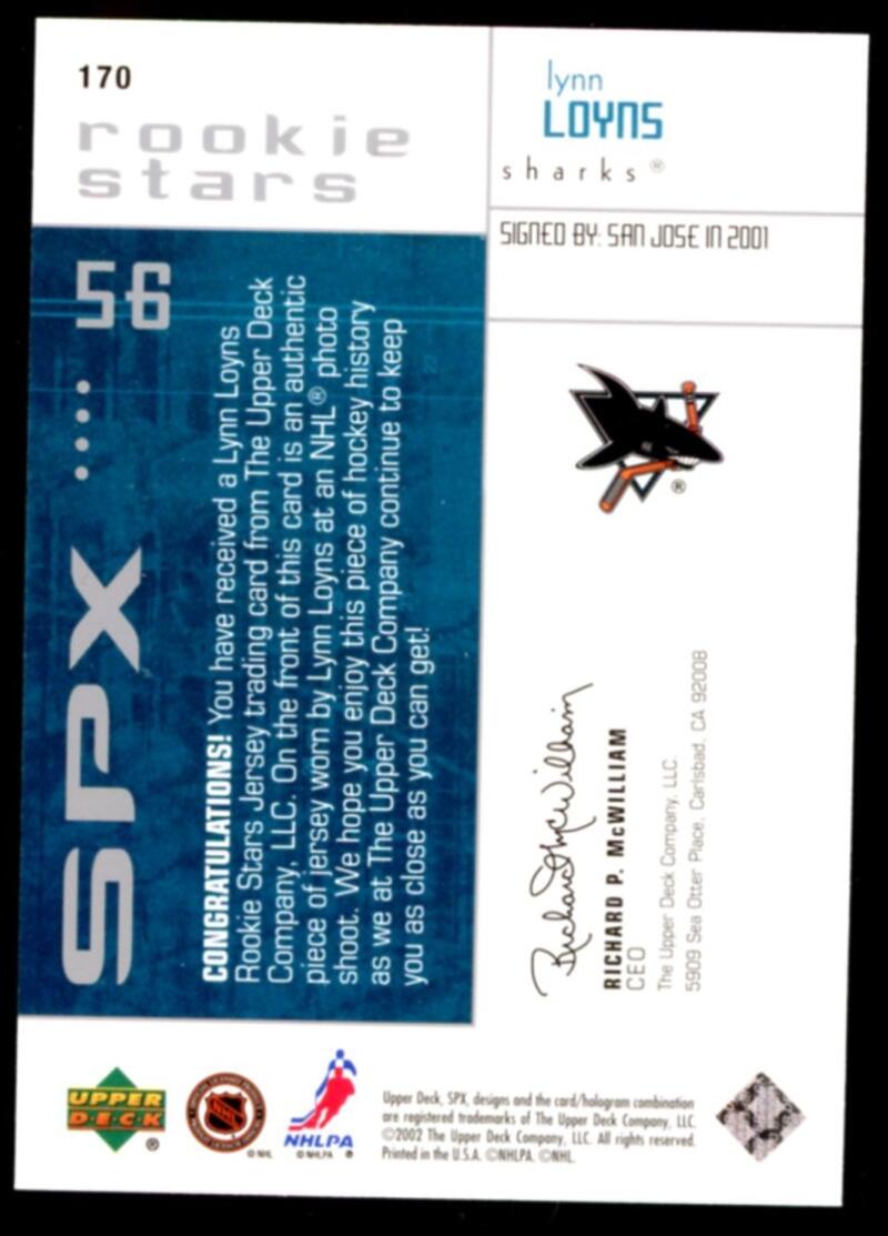 2002-03 Upper Deck SPx #170 Lynn Loyns 594/999 Jersey Rookie RC  V103117 Image 2