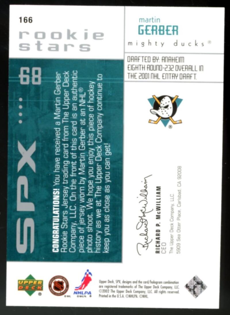 2002-03 Upper Deck SPx #166 Martin Gerber 173/999 Jersey Rookie RC  V103118 Image 2