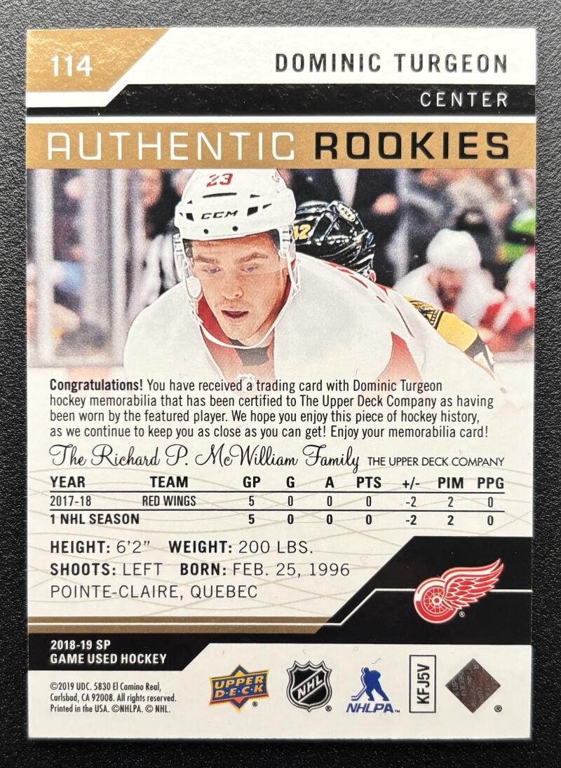 2018-19 SP Game Used Gold #114 Dominic Turgeon Jersey Rookie 122/499 V103119 Image 2