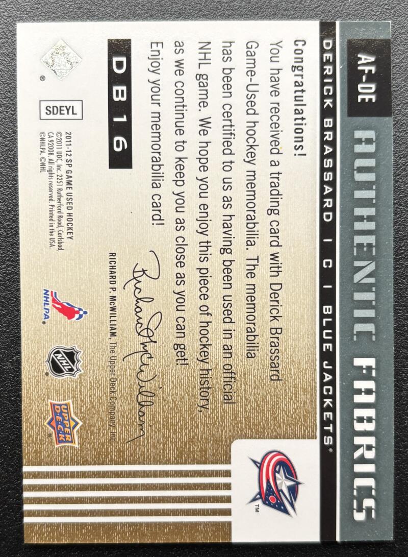 2011-12 SP Game Used Authentic Fabrics Gold Derick Brassard V103121 Image 2