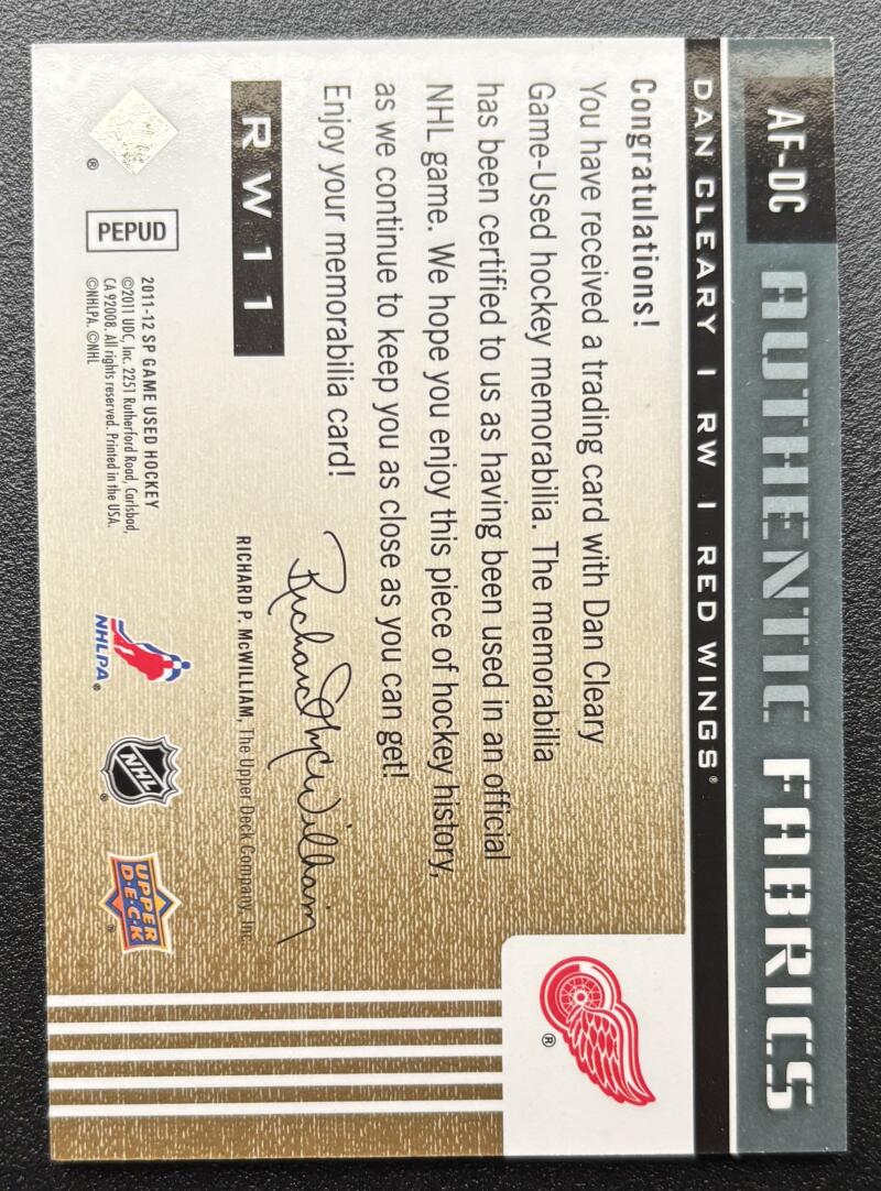 2011-12 SP Game Used Authentic Fabrics Gold Jersey Dan Clearly V103122 Image 2