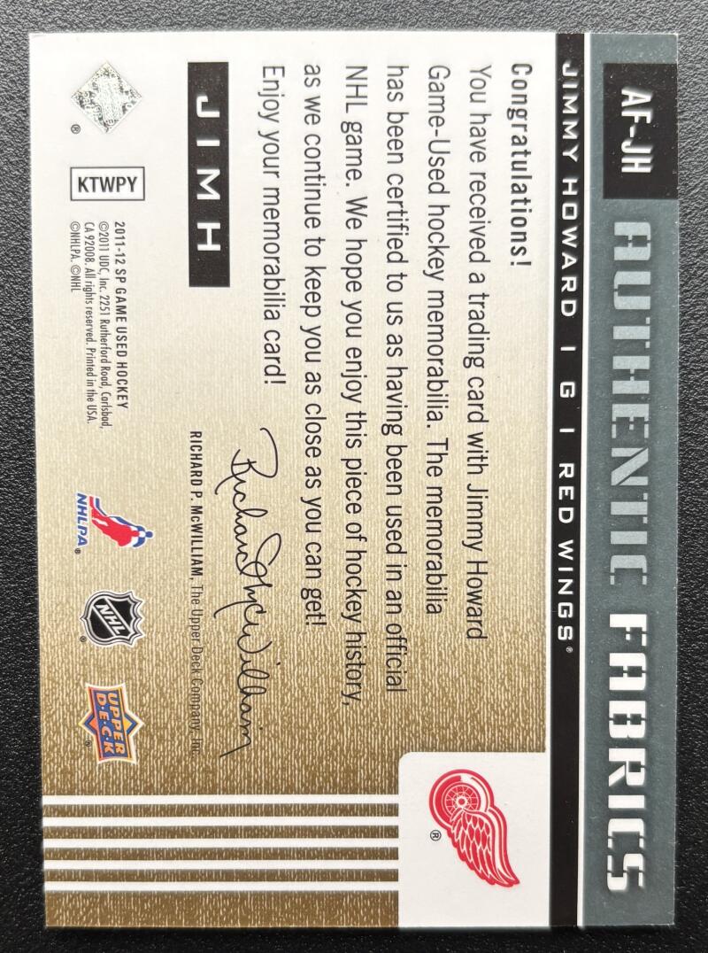 2011-12 SP Game Used Authentic Fabrics Gold Jersey Jimmy Howard V103123 Image 2